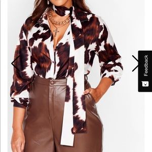 Nasty Gal plus size cow print tie neck shirt